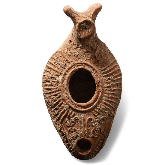 Late Roman Terracotta Slipper Oil Lamp with Animal Head Handle