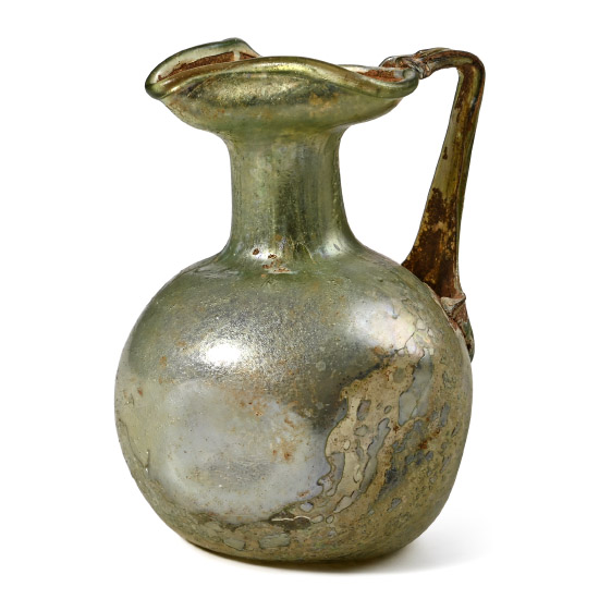 Roman Iridescent Green Glass Trefoil Oinochoe