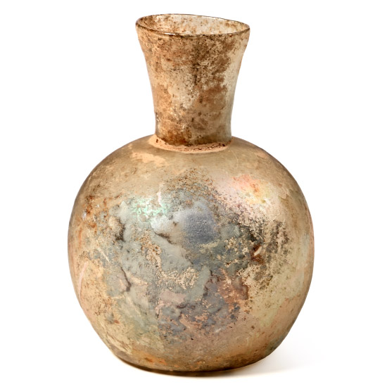 Roman Iridescent Glass Flask with Flared Neck