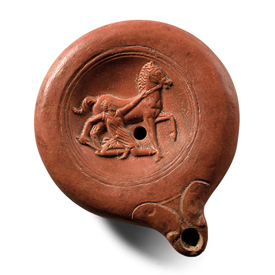 Large Roman Terracotta Oil Lamp with Fallen Amazon and Horse