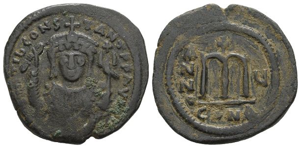 Tiberius II Constantine AE 40 Nummi or Follis.
