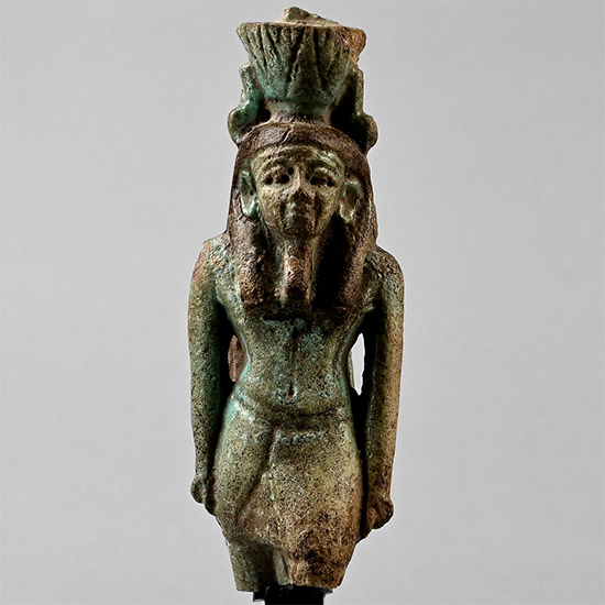 Large Egyptian Green Faience Figure of Nefertum with Figure of Sekhmet to the Reverse
