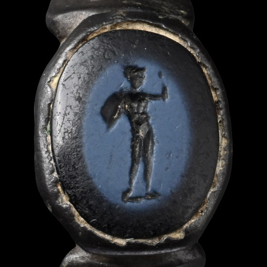 Roman Bronze Ring with Nicolo Mercury Gemstone
