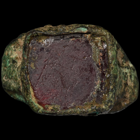 Late Roman Bronze Ring with Flatbed Garnet Gemstone