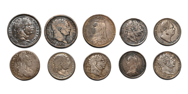 Group of Ten [10] English Silver Milled Coins.