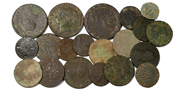 Group of Twenty [20] English and Continental Jettons, and Later Milled Coins.
