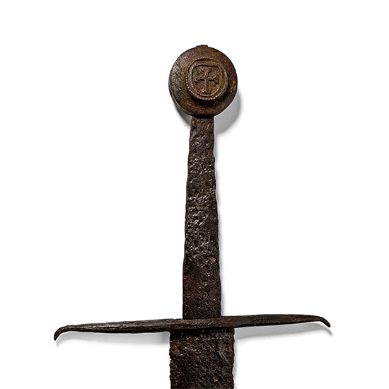 Medieval Iron Hand-and-Half Sword with Bronze Pommel with Coat of Arms
