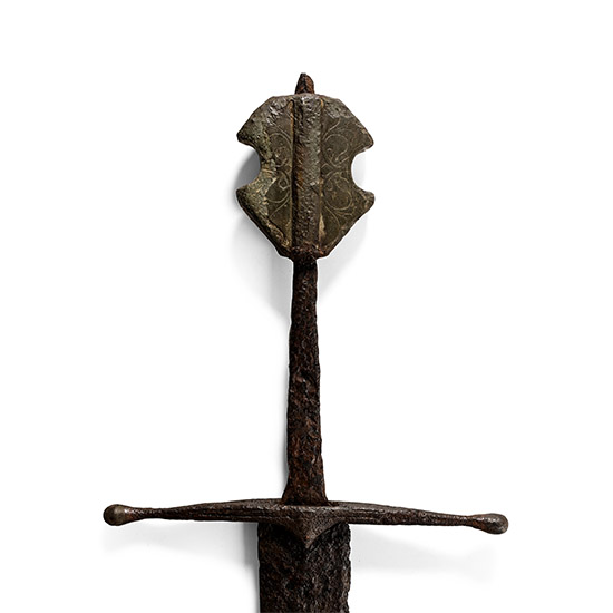 Medieval Iron Single-Handed Sword with Decorated Bronze Pommel