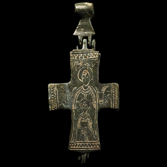 Large Byzantine Bronze Reliquary Cross Pendant with Saint George and Mary