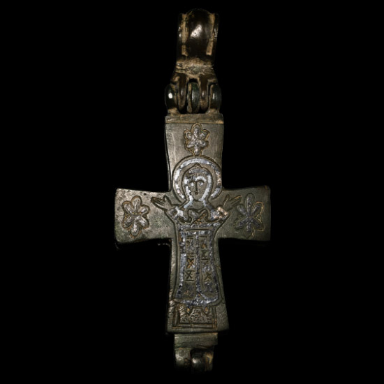 Large Byzantine Bronze Reliquary Cross Pendant with Christ