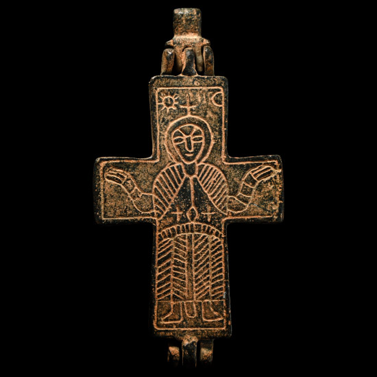 Large Byzantine Bronze Reliquary Cross Pendant with Christ
