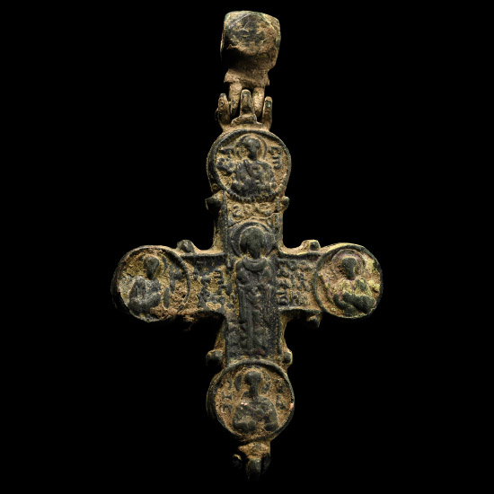 Large Byzantine Bronze Reliquary Cross Pendant with Christ and Saints