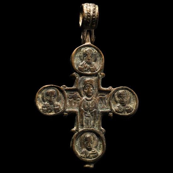 Large Byzantine Bronze Cross Pendant with Christ and Saints