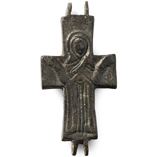 Large Byzantine Bronze Reliquary Cross Pendant Plate with Saint
