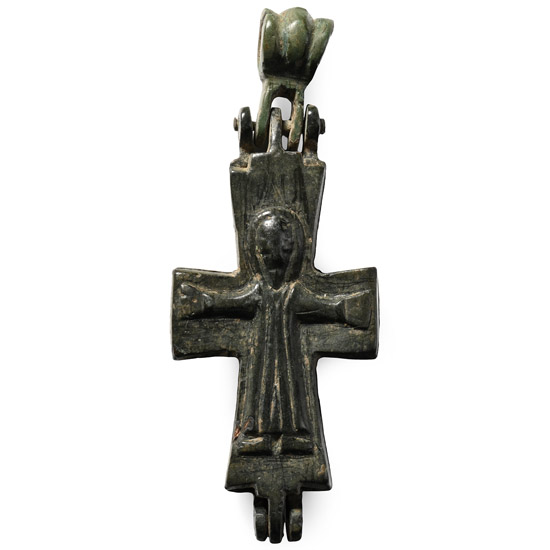 Byzantine Bronze Reliquary Cross Pendant with Saints