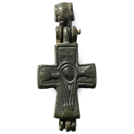 Byzantine Bronze Reliquary Cross Pendant with Saints