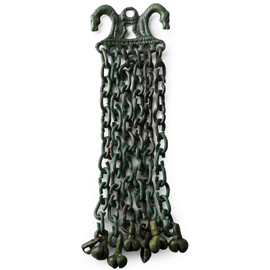 Viking Age Bronze Pendant Hanger with Horse Heads and Chain Drops