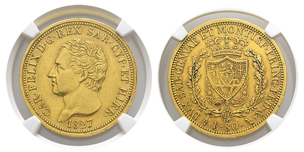 Italian States. Kingdom of Piedmont-Sardinia, Charles Felix AV 80 Lire.