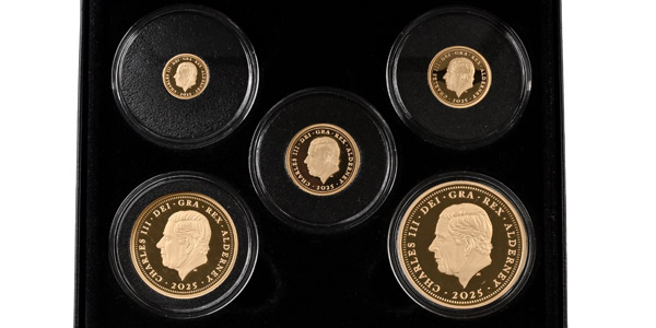 Great Britain. Alderney, Charles III Set of Five [5] Proof AV Sovereign Coins Collection.
