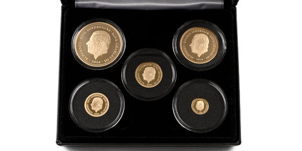 Great Britain. Alderney, Charles III Set of Five [5] Proof AV Sovereign Coins Collection.
