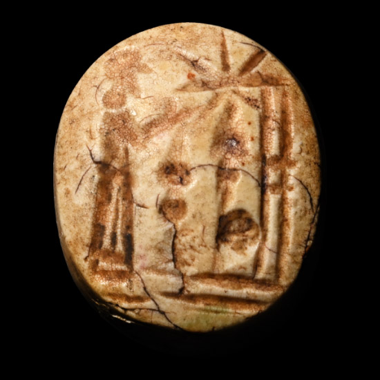 Neo-Babylonian Burnt Stone Stamp Seal with Cultic Scene