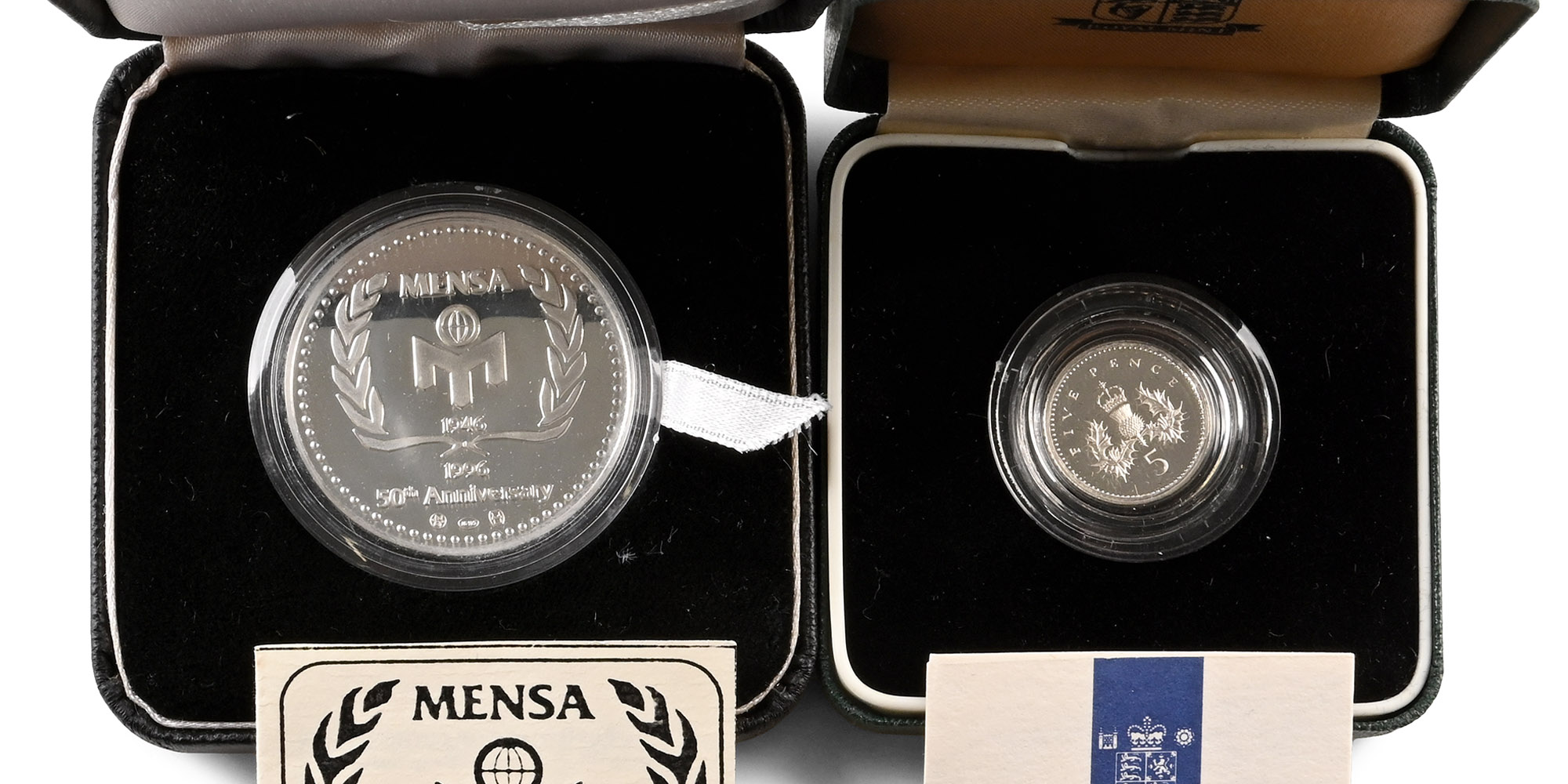 Great Britain. Windsor, Elizabeth II Piedfort AR Five Pence Coin amd Mensa 50th Anniversay AR Medal.