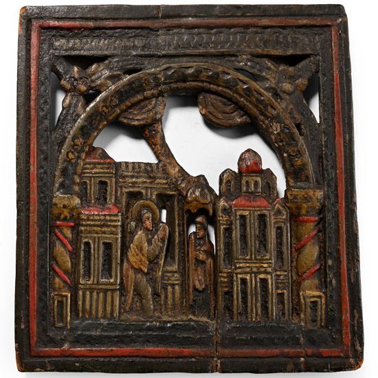 Greek Wooden Polychrome Mount Athos Annunciation Plaque