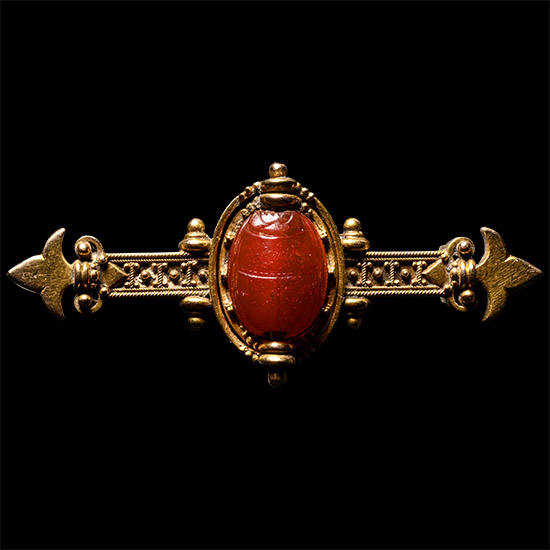 Etruscan Carnelian Scarab with Bust of a Warrior in Later Victorian Gold Brooch