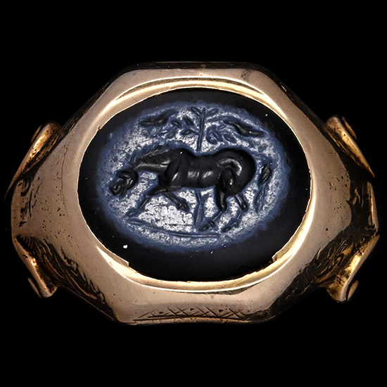 Roman Nicolo Intaglio Depicting a Horse Beneath a Tree in Gold Ring