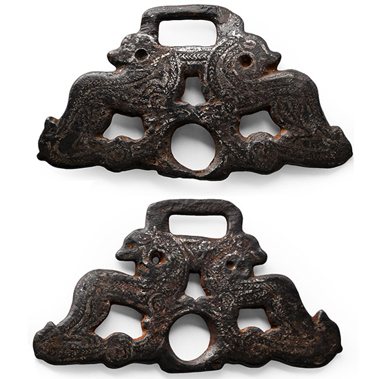 Viking Age Inlaid Iron Horse Bit Cheek Piece Pair with Opposing Beasts
