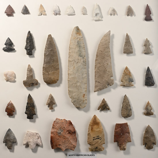 Framed North American Stone Age Knapped Arrowhead and Tool Collection