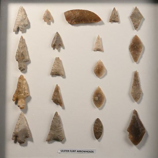 Framed Northern Ireland Stone Age Knapped Arrowhead and Tool Collection