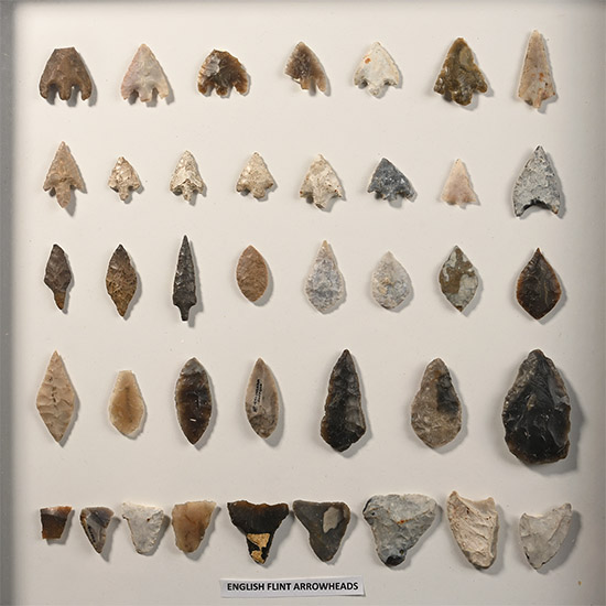 Framed English Stone Age Knapped Arrowhead and Tool Collection