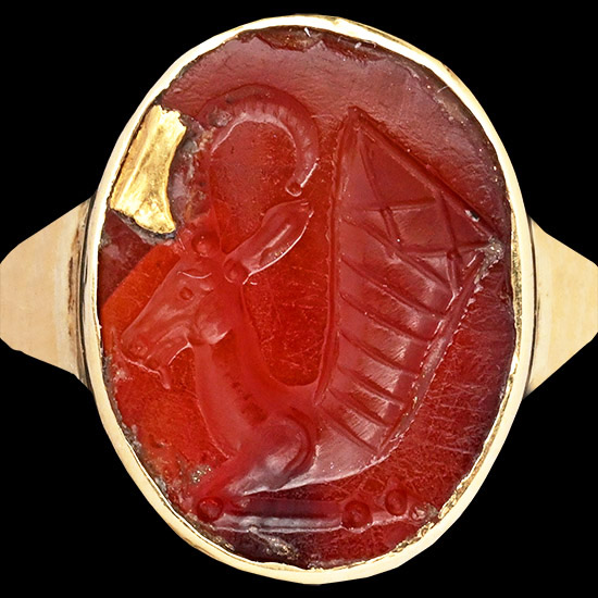Parthian Carnelian Gemstone of a Goat-Headed Rhyton in Gold Ring