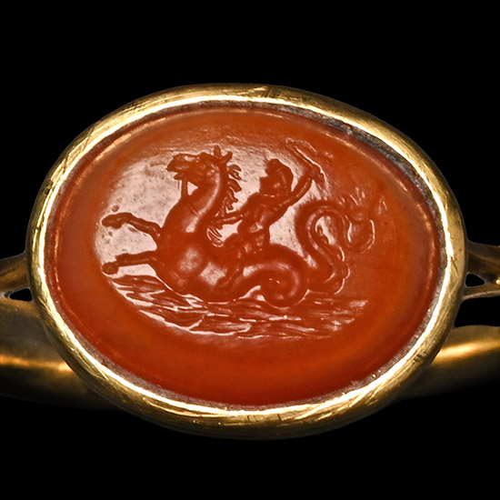 Renaissance Agate Gemstone with Eros Riding a Hippocampus in Gold Ring