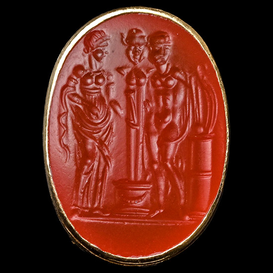 Renaissance Gold Fob Seal with Carnelian Gemstone of a Herm and Figures