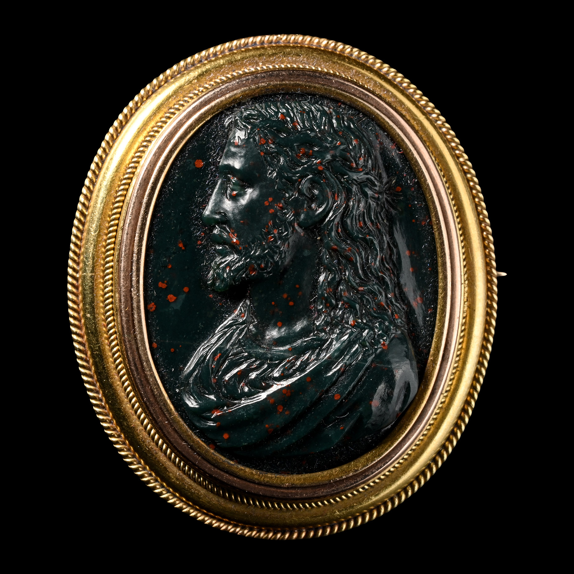 Heliotrope Cameo with Christ in Gold Mount