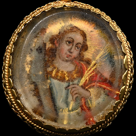 Bourbon Era Gold Devotional Pendant with Verre Eglomise Miniatures of Saint Catherine of Alexandria and Saint John of Nepomuk