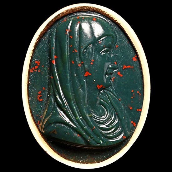 Late Renaissance Double-Sided Heliotrope Cameo of Christ and the Virgin in Gold Ring