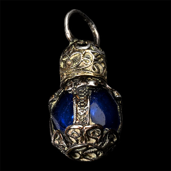 Miniature Blue Glass Scent Bottle with Silver Filigree Mounts