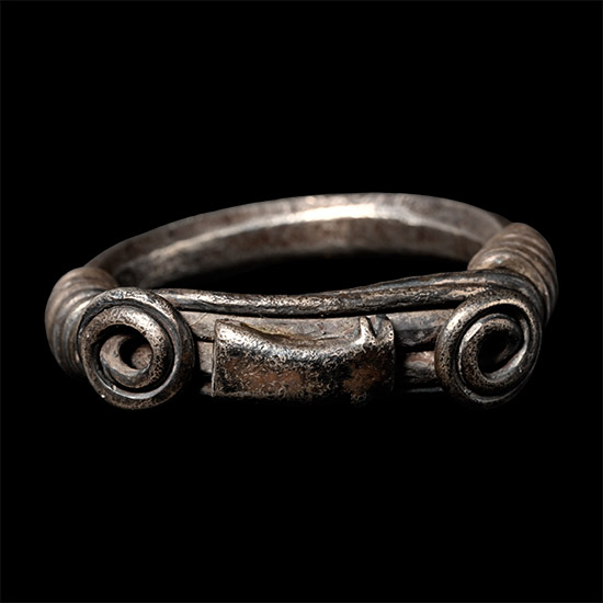 Central Balkans Silver Ring with Spiralled Terminals and Axe Motif Ornament