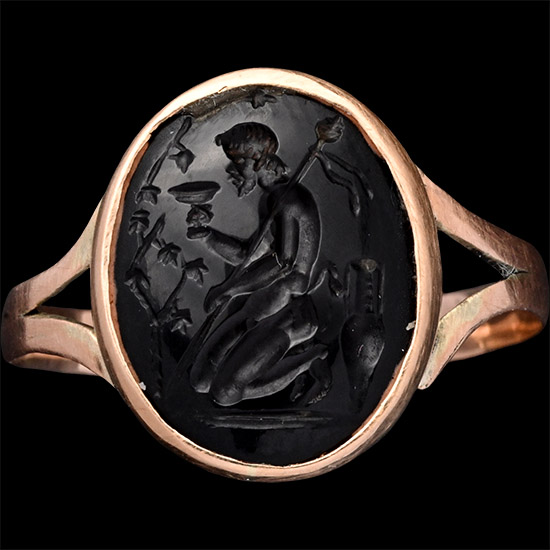 Renaissance Gemstone with Kneeling Satyr Drinking from a Goblet in Gold Ring