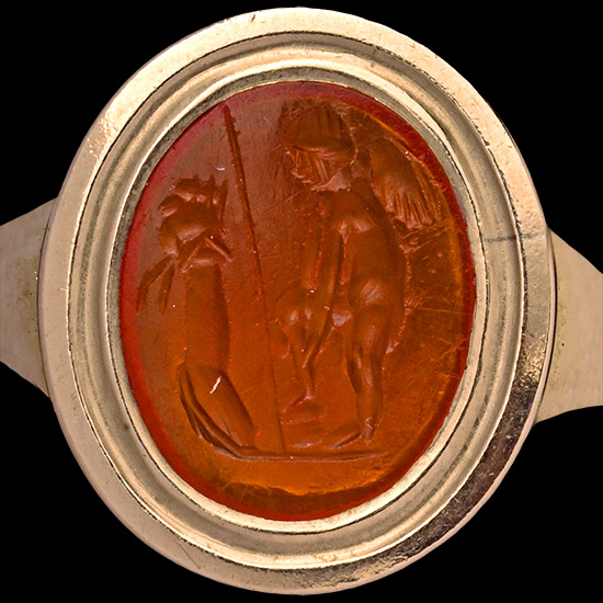 Roman Carnelian Gemstone with Eros Before an Altar in Gold Ring
