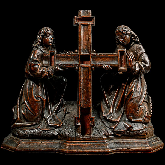 Medieval Carved Wooden Panel with Kneeling Angels Supporting the Cross