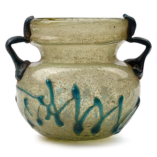 Roman Green Glass Jar with Blue Handles and Zig-Zag Trail
