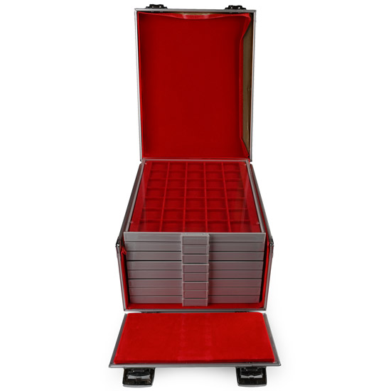 Group of Eight [8] Near New Lindner Coin Trays in Aluminium Carry Case