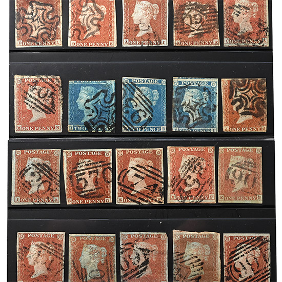 Victorian Penny Red and Two Penny Blue Group, Five with Black Maltese Crosses