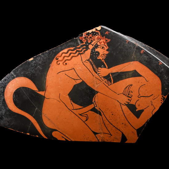 Fragment of an Attic Red-Figure Cup Depicting a Satyr Copulating with a Maenad, Attributed to Epiktetos