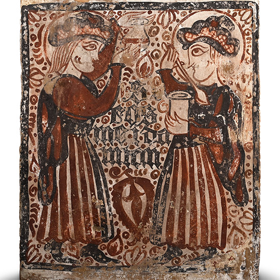 Spanish Medieval Socarrat Wall Tile Showing Saints Cosmas and Damian
