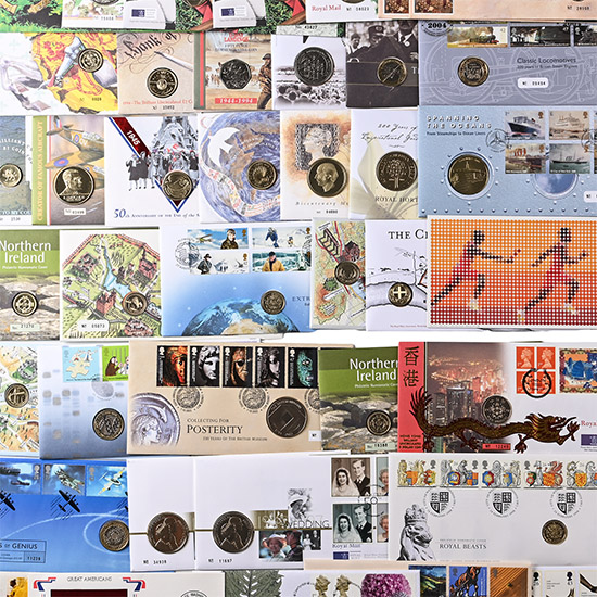 Group of Forty [40] Mainly GB First Day Stamp Covers Each with UNC Coin.